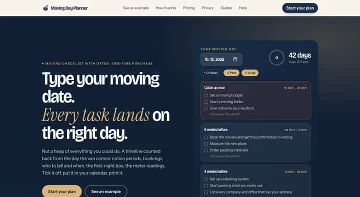 Posnetek spletne strani movingdayplanner.com